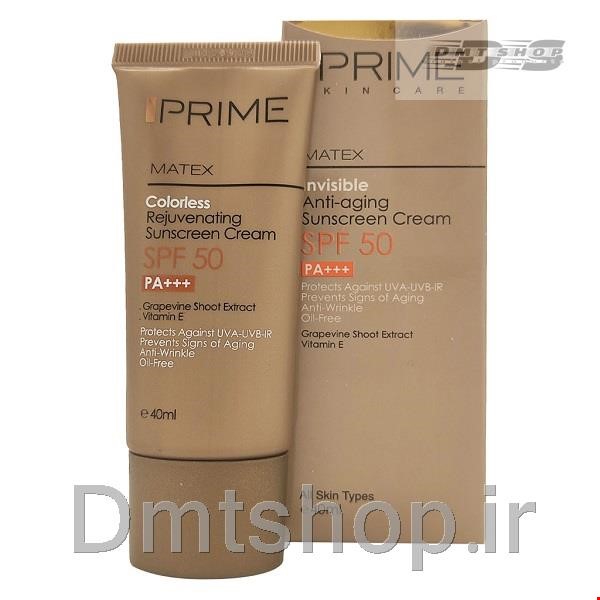 کرم ضد آفتاب بی رنگ پرایم Prime Anti Aging Spf50 جوان کننده فاقد چربی حجم 40 میل