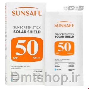 استیک ضد آفتاب بی رنگ سولار شیلد سان سیف Sunsafe Sunscreen Stick Spf 50 مناسب پوست خشک وزن 20 گرم